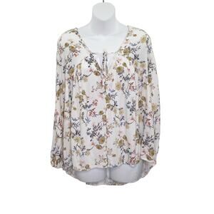 Millibon Womens Blouse Size Large White Floral Hi Lo Peasant Long Sleeved Top